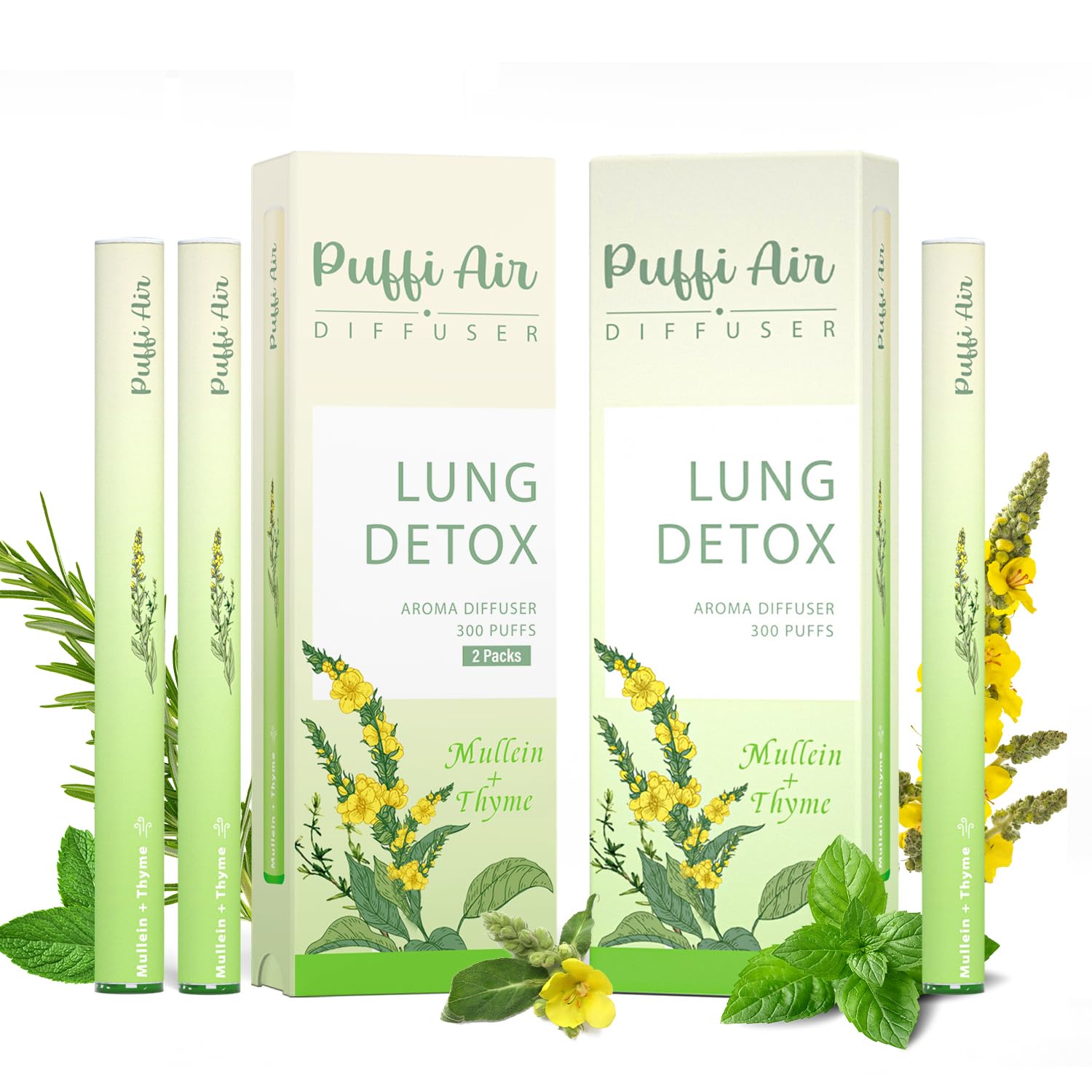 PUFFIAIR Herbal Diffuser Infused with Mullein, Thyme, and Mint for Breathing Support, Lung Care, Fresh Oral Air, and Habit Management - 300 Uses, 2 Packs 3 Sticks