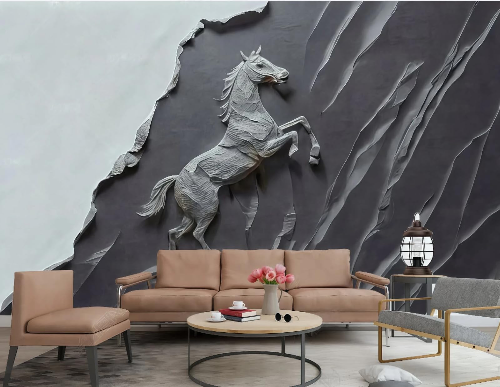 Tapeta sztuka minimalistyczna nowoczesna rock koń tłoczony czarny i szary rzeźba tekstura TV sofa tło tapeta ścienna salon restauracja kawiarnia, 3D, 430 x 300 cm