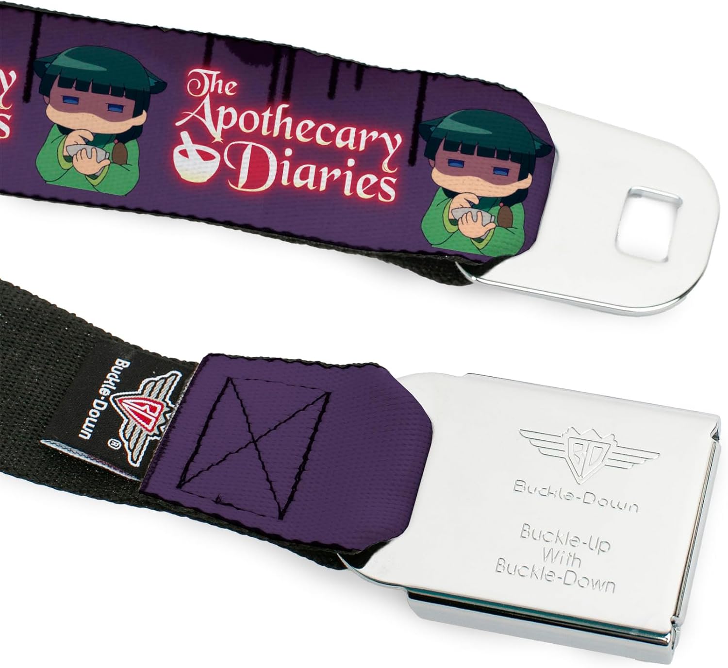 The Apothecary Diaries Belt, Seatbelt Buckle Belt, The Apothecary Diaries Chibi Maomao Pose and Logo Purple, 30 to 44 Inches