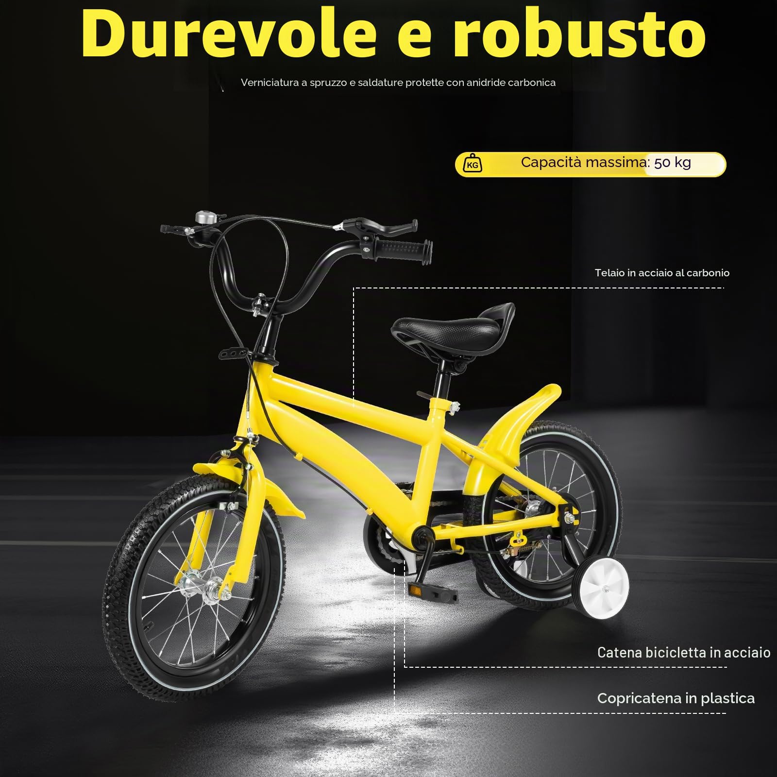 Bicicletta per bambini da 14 pollici, bicicletta per ragazzi con ruote di sostegno, bicicletta educativa con sedile regolabile, bicicletta per principianti con telaio robusto, mozzo a ruota