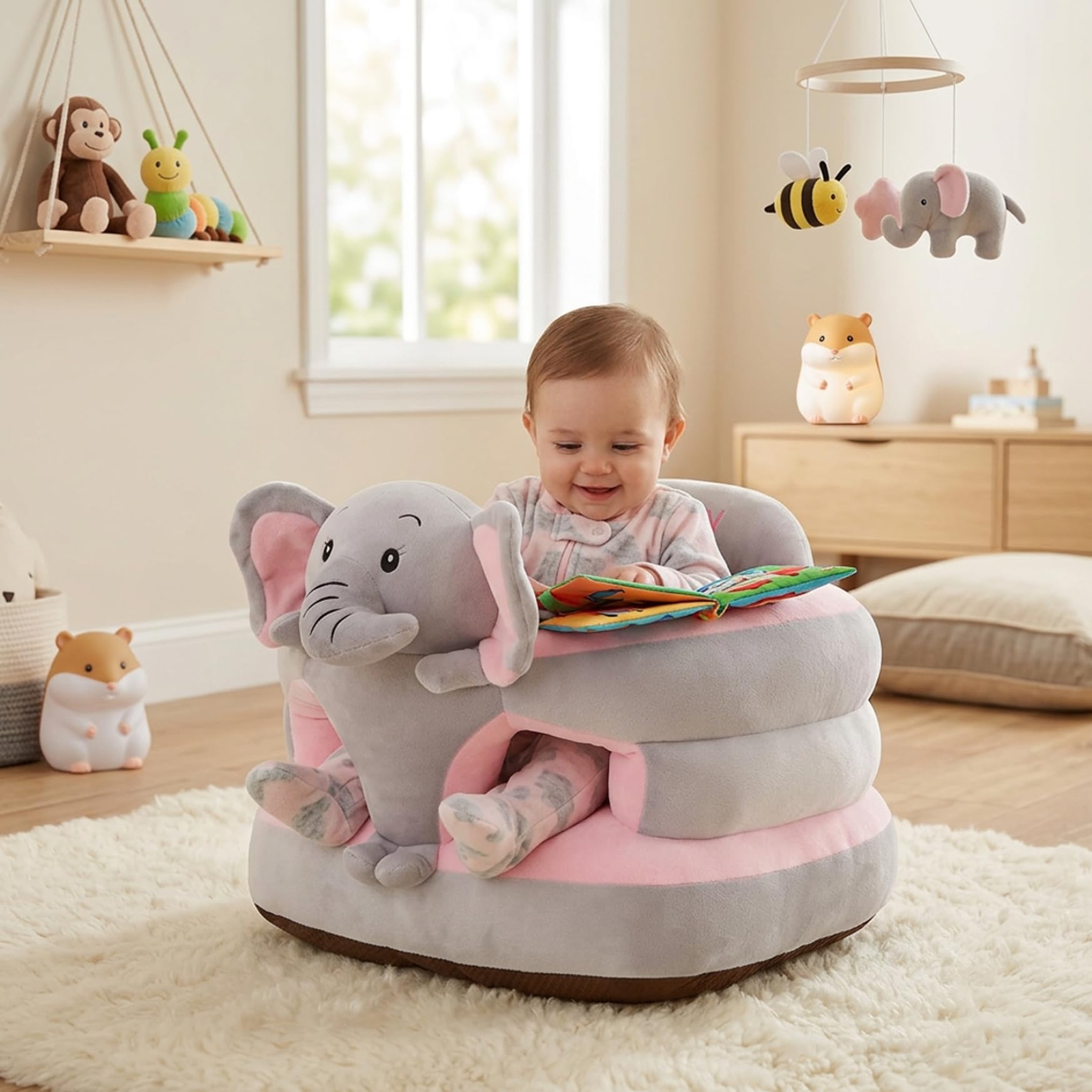 Baby-Sit-up-Stuhl, Elefanten-Sit-Me-Up-Bodensitz für Babys, weiches Plüsch-Stützkissen mit rutschfester Basis, Säuglingszubehör (grau), Heimdekoration