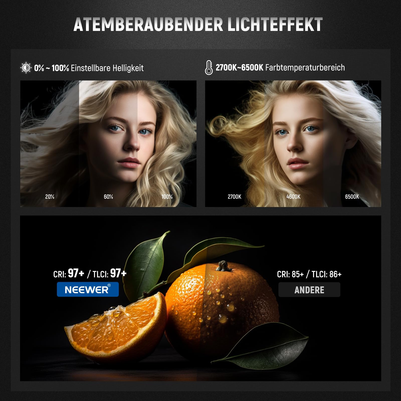 NEEWER 70W LED Videoleuchte, 2,4G und APP Steuerung, zweifarbig 2700K-6500K Videolicht, 34000 Lux/1m, CRI97+/12 Szenen/Bowens COB Dauerlicht für Studio Fotografie Videoaufnahmen und Streaming, CB60B