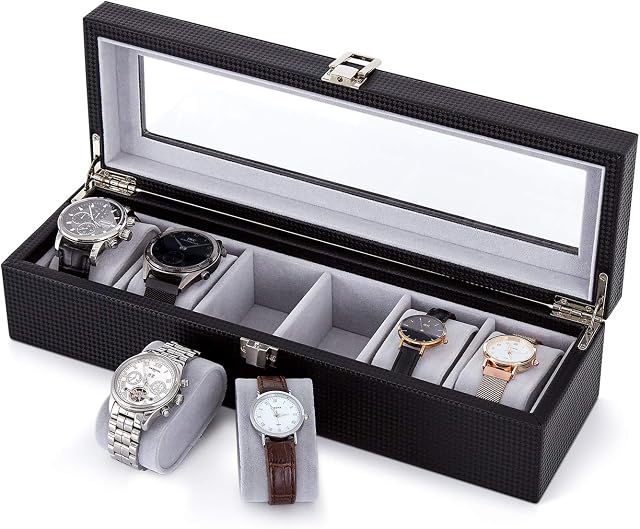 Meerveil Watch Box, Watch Display Organizer, Watch Storage with Glass Lid, Grey Velvet Lining, Lockable with Silver Metal Clasp, 6 Slots, 34.5x11x8.5cm, Black PU Leather