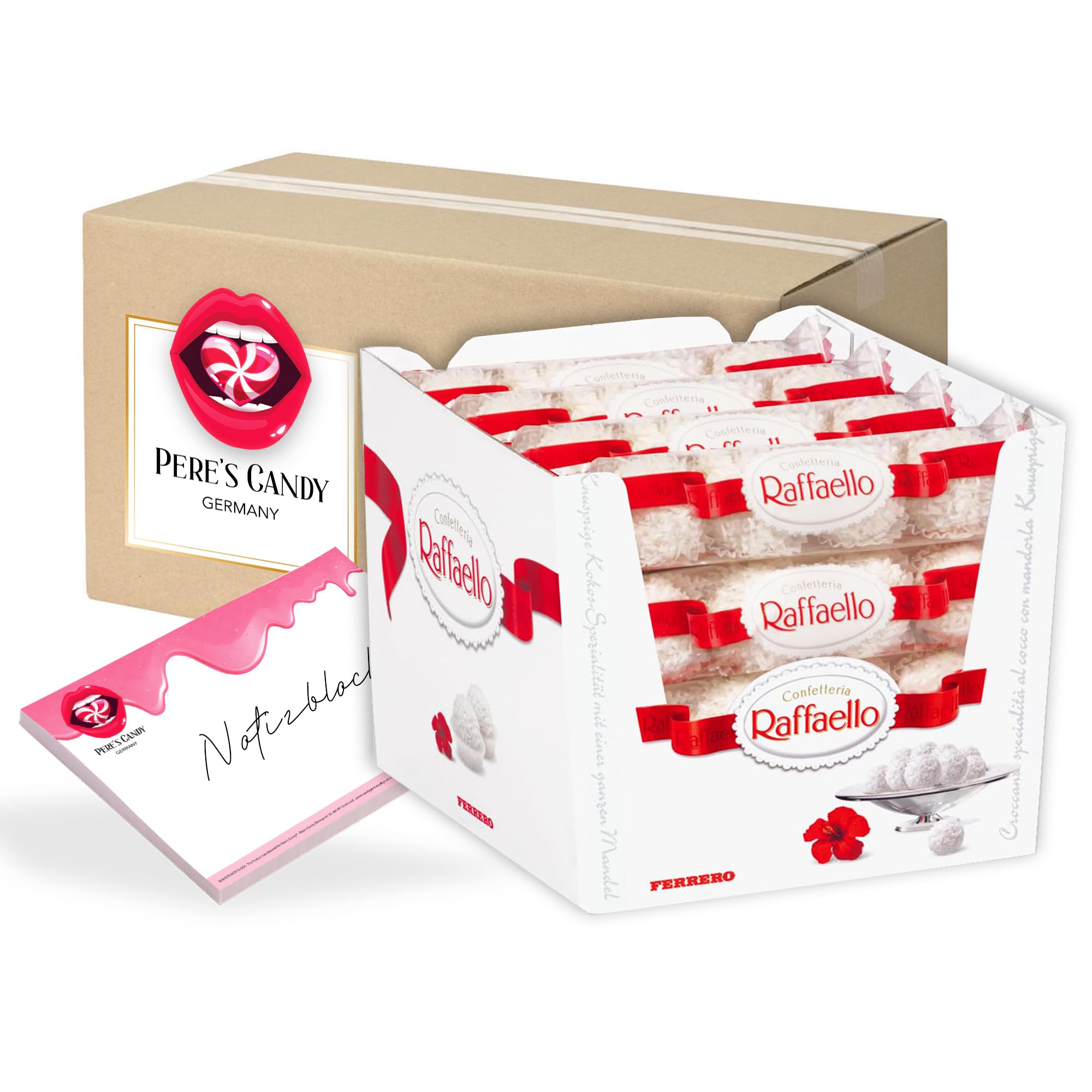 Pere's Candy Bundle für 16 x 4er Raffaello zartes Kokos feiner Milchcreme Thekendisplpay + Pere's Candy Notepad DIN A7-25 Blatt