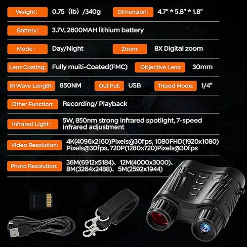 Miniatura 7 de Gafas de visión nocturna, prismáticos digitales infrarrojos para adultos, telescopio de visión nocturna 4K con 7 niveles de brillo, pantalla HD de