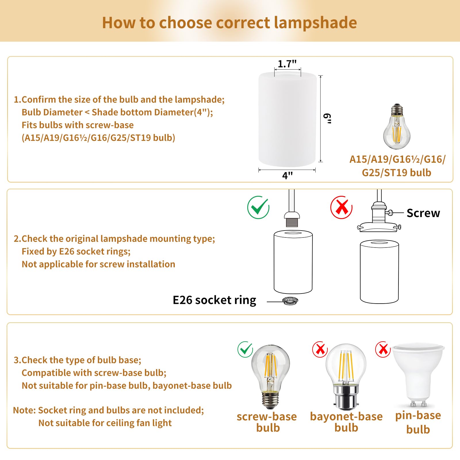 Confezione da 2 paralumi in vetro opalino satinato, senza labbra, per lampadari, lampadari, lampadari, lampade da trucco