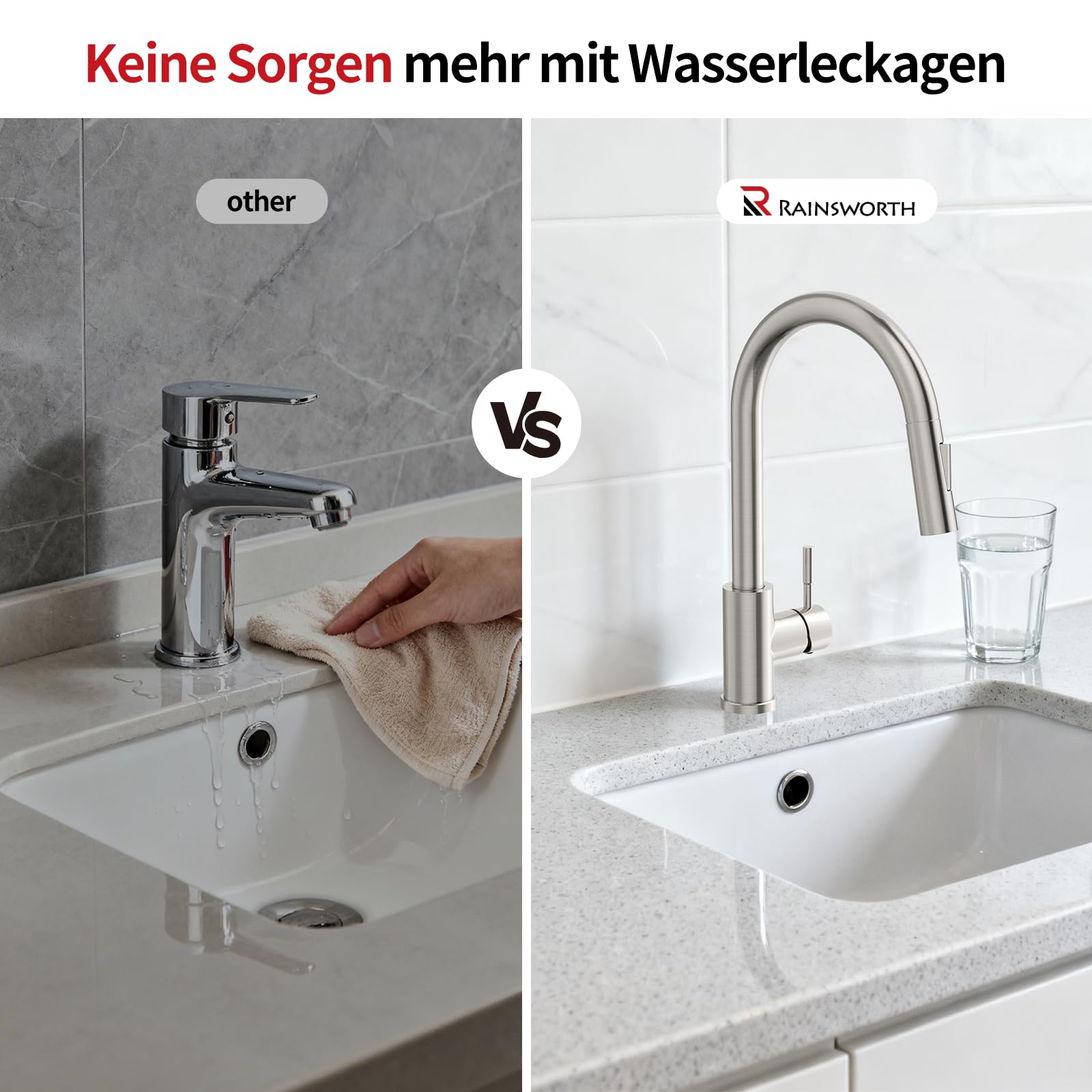 Rainsworth Wasserhahn Küche mit Brause Ausziehbar - Hochdruck Küchenarmatur mit Zwei Wasserstrahlarten, Spültischarmatur 360° Drehung, Mischbatterie Küche aus Edelstahl Einfache Installation