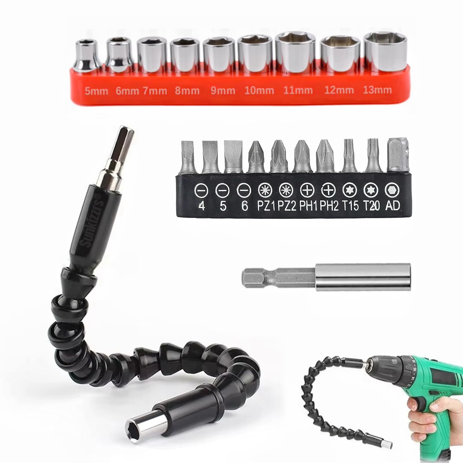 Sunkizzrs® 21-Pcs Flexible Screwdriver Accessories — Flexible Drill Bit Extension — 9 in 1 Drive Hex Socket Set (5mm-13mm) — 11 in 1 Screwdriver Bit Set with 1/4" Extension Bit Holder-image-5