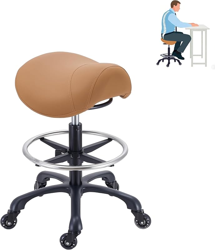 Taburete de salón con reposapiés, resistente, altura ajustable, silla de esteticista rodante para tatuaje, spa, clínica de dentista médico (marrón)