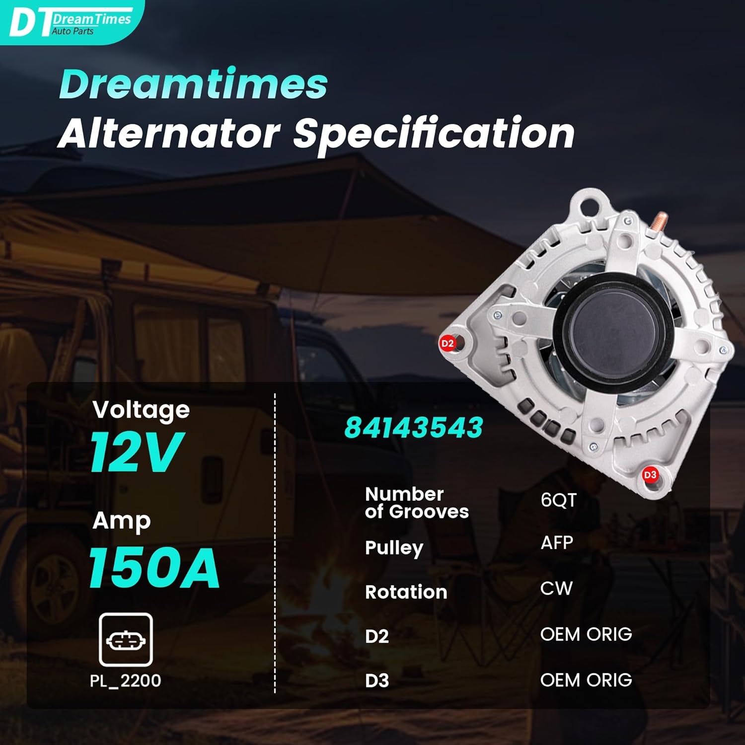 Dreamtimes Alternator For/Chevy EXPRESS SILVERADO SUBURBAN TAHOE For/Cadillac Escalade, For/GMC SAVANA SIERRA YUKON High Output 150A 12V, OE Replacement # 84143543