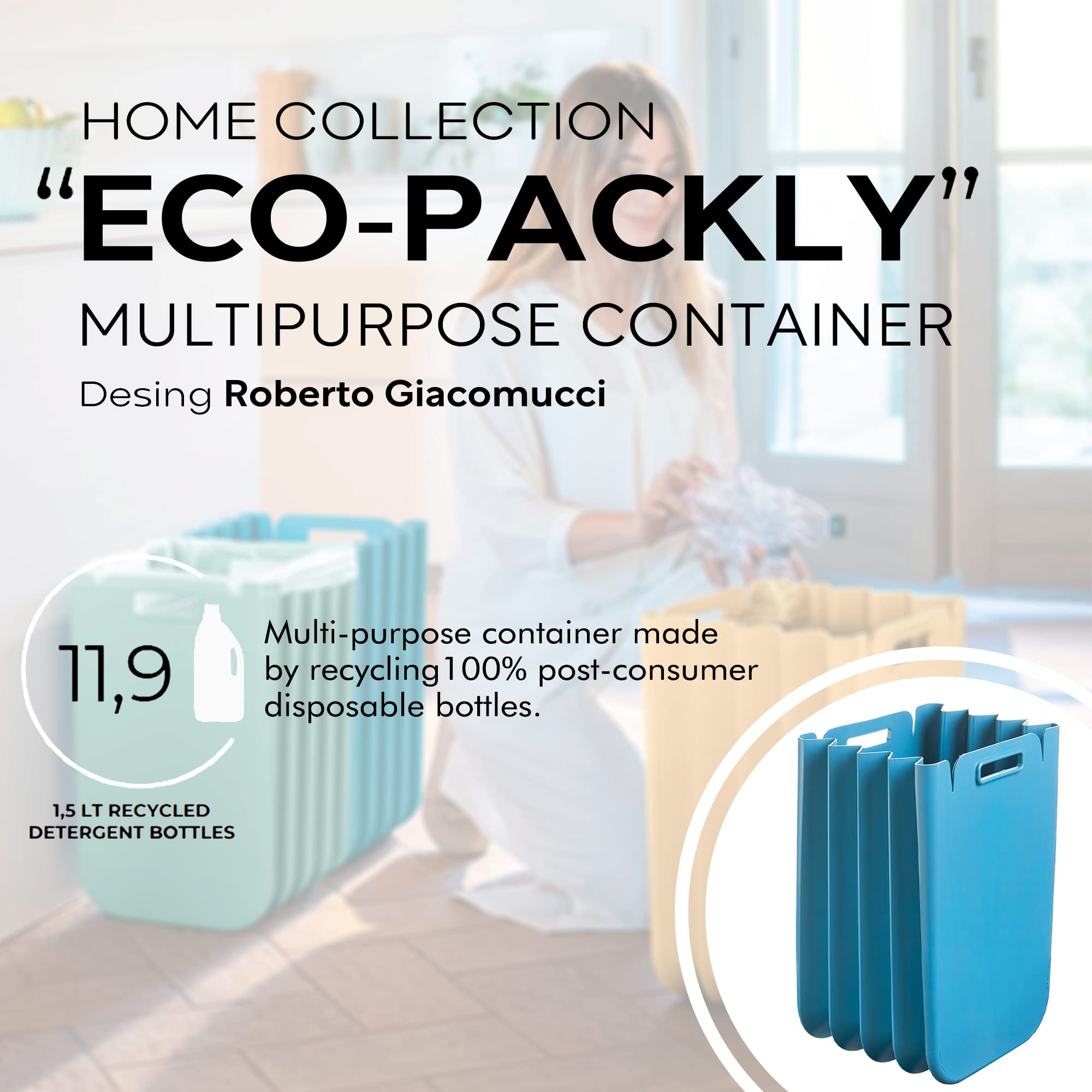 Set di 4 contenitori multiuso pieghevole da 25 litri c/uno (100 l totali), in plastica riciclata, 45 x 30 cm, colore