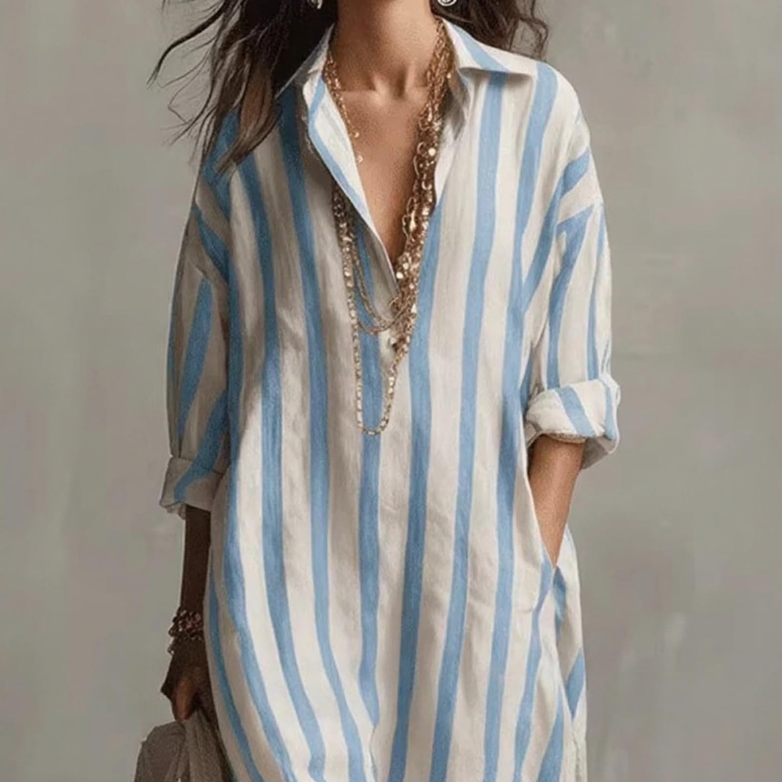 Maxi abito casual da donna a righe a maniche lunghe con scollo a V con tasche, da viaggio, vacanze, spiaggia