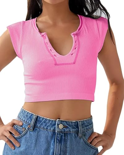 Beumissy Women's Crop Top Crew Neck T-Shirt Short Sleeve Ribbed Knit Basic Crop Tank Top