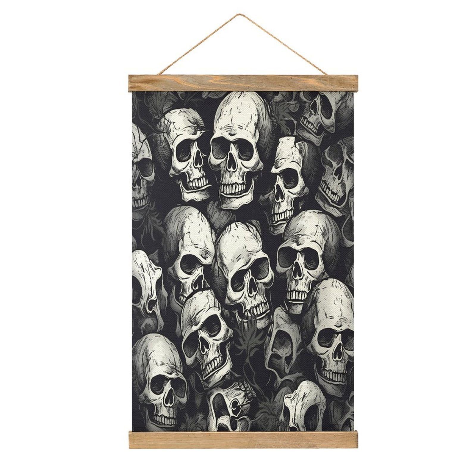 VstaDank Skulls Pattern Hanging Poster with Wooden Frame Modern Linen Hanging Painting Retro Style Wall Decor Art Painting for Living Room,Bedroom Decor Poster Frame 20.4x13.1inch
