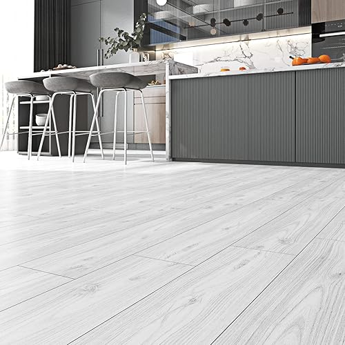 Miniatura 6 de FunStick Tablones de vinilo de madera blanca de 6 x 36 pulgadas para despegar y pegar, azulejos adhesivos impermeables para suelo, dormitorio, baño