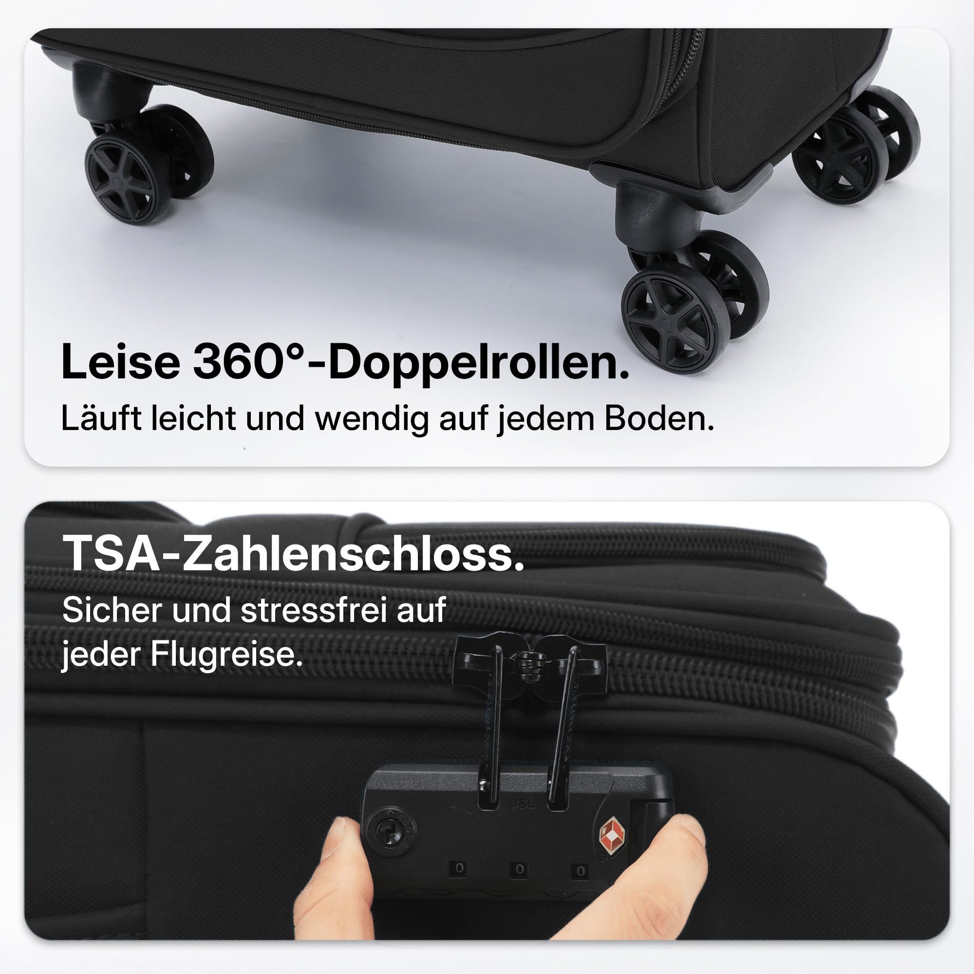 Münicase Stoffkoffer erweiterbar mit Frontfächern,15% Extra-Volumen, TSA-Schloss, 360° Doppelrollen & verdecktem Namensschild (Schwarz, Koffer M (55 cm) erweiterbar)