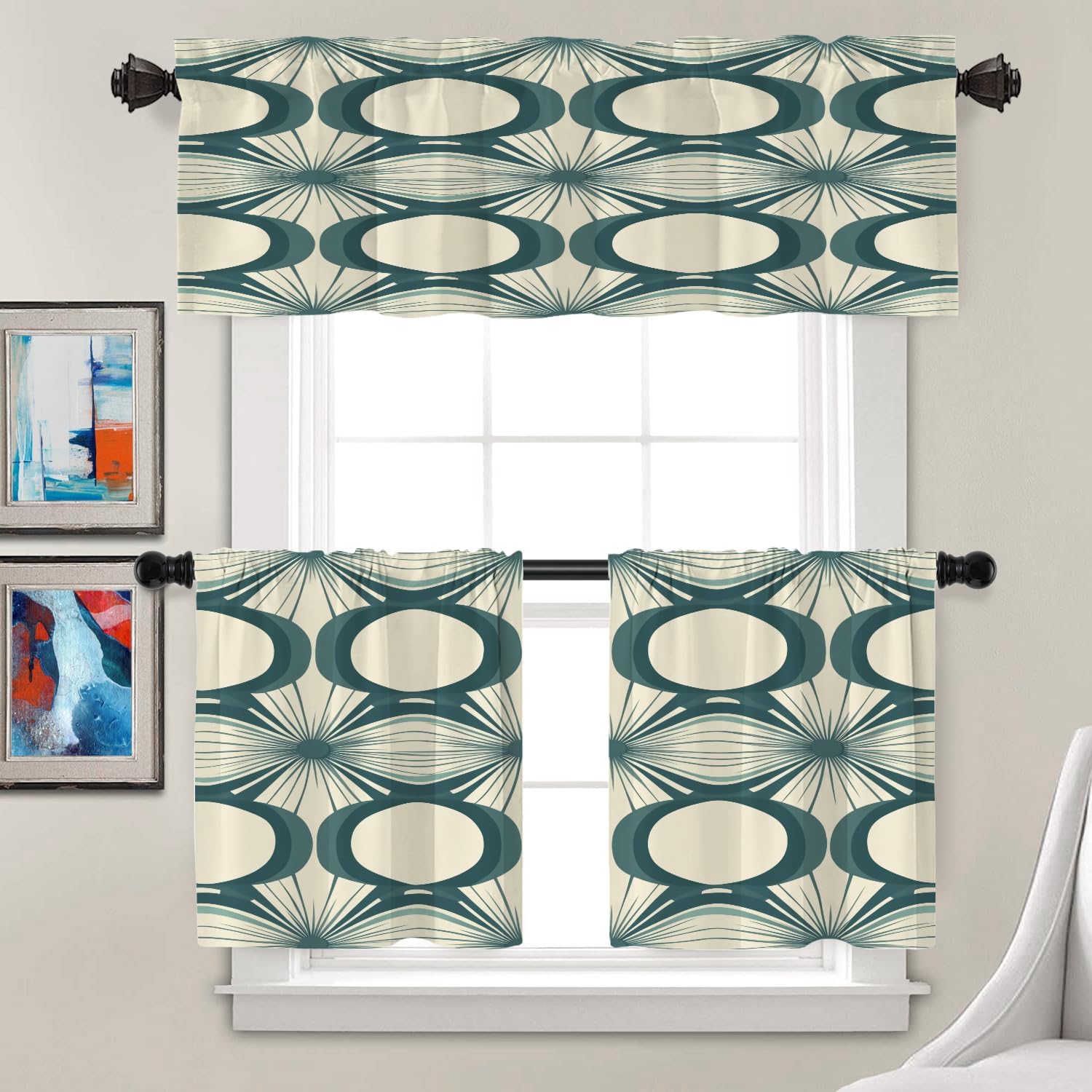 Batmerry Abstract Repeating Tier Curtains, Minimalist Art Modern Cafe Curtain Short Kitchen Drapes Small Valance for Bathroom, 2 Pack 26X24 Inches