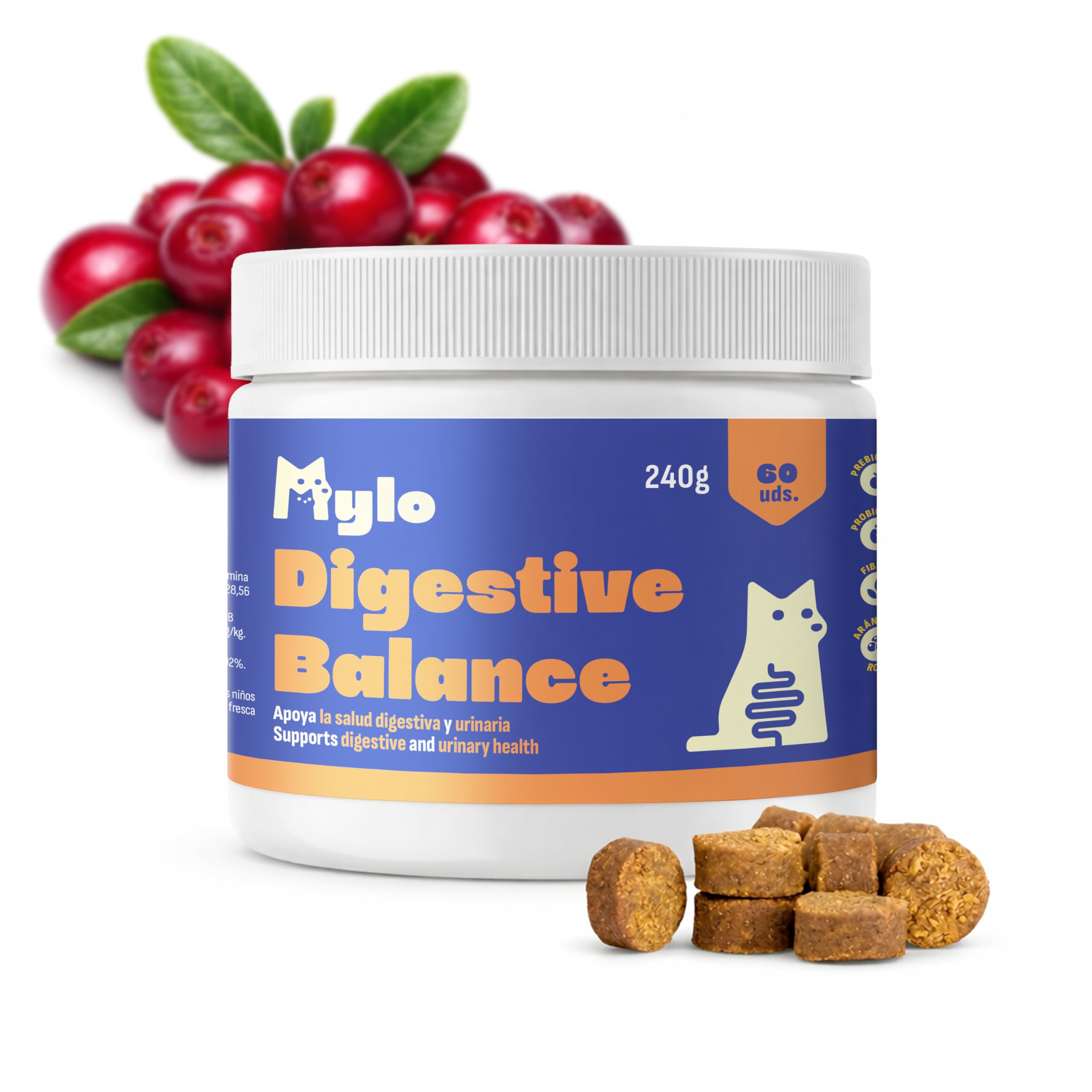 Probióticos Perros Mylo. Heces Firmes y Combate Gases y Diarrea Perros. 3 Cepas Probióticas, Prebióticos y Arándano Rojo. para Perros con Estómago Sensible. 60 Uds
