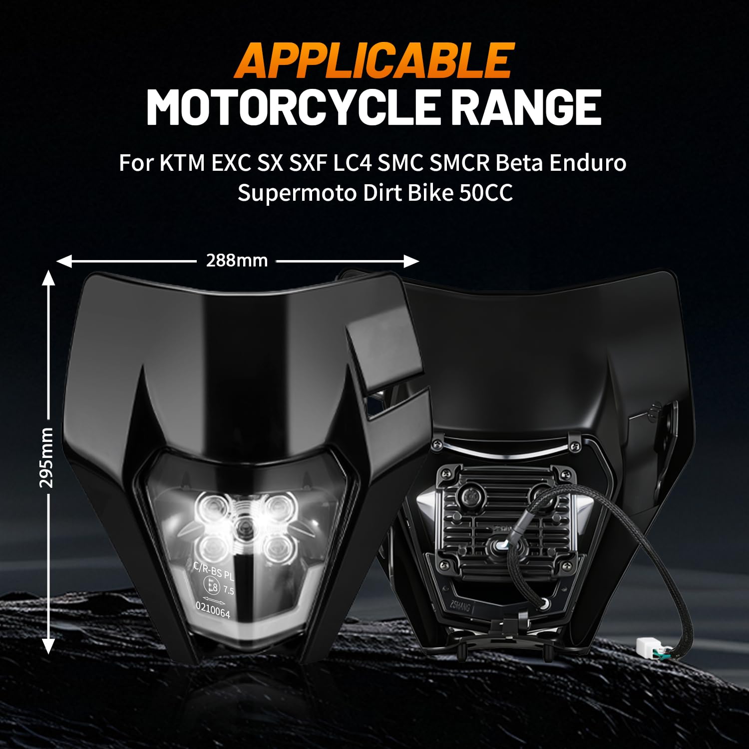 JFG RACING Faro Delantero Moto,Faro LED Moto Universal para KTM EXC125 EXC250 SX250 SXF250 EXC450 SX350 SXF450 EXC525 640LC4 Dirt Bike Enduro Supermoto BETA Derbi 50cc-Negro