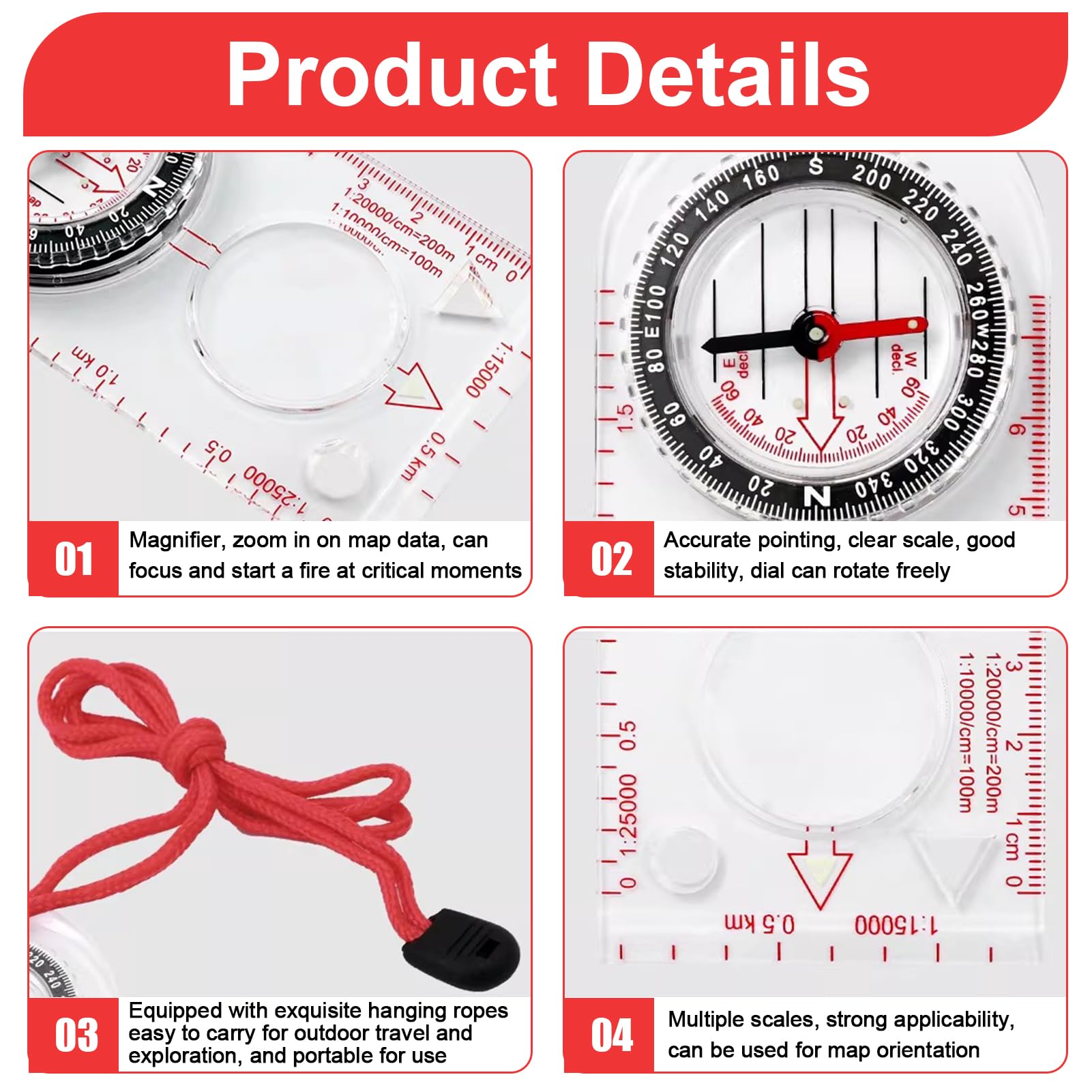 Boussole de Navigation, Boussole Randonnée avec Déclinaison Réglable Équipé d'une Corde Rouge Transparente Compas d'Orientation pour Randonnée Camping Sport de Plein air