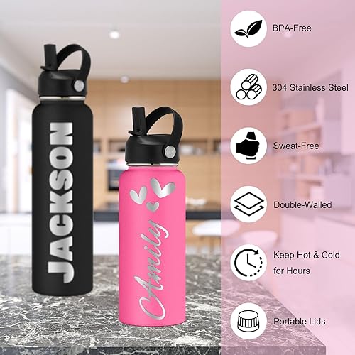 Miniatura 6 de Botellas de agua personalizadas con pajilla, botella de agua grabada personalizada de 24 onzas para la escuela, nombre personalizado, doble pared