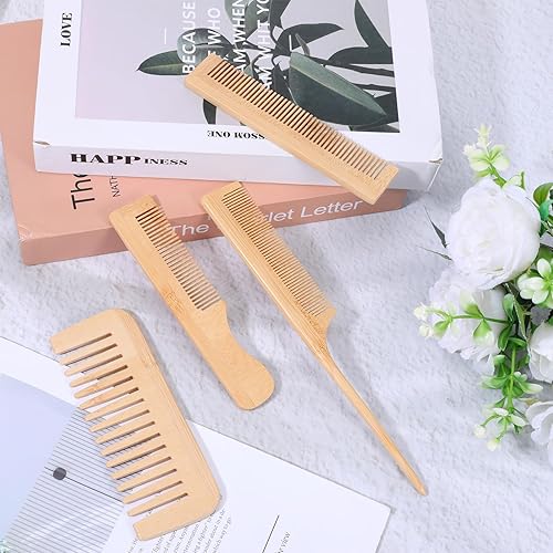 Miniatura 4 de 4 Pcs Wooden Hair Comb Wooden Wide Tooth Comb Handmade Bamboo Anti-Static Combs Set for Curly Thick Wavy Hair Women Men