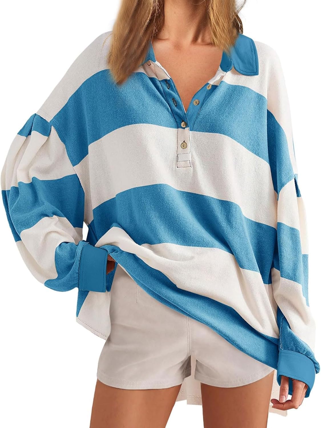 Women’s Oversized Striped Polo Sweatshirt - Y2K Color Block Loose Fit Long Sleeve V Neck Lapel Collared Pullover Tops Casual Fall Henley Rugby Shirt Preppy Style T-Shirt Outfits (Large,01#blue)