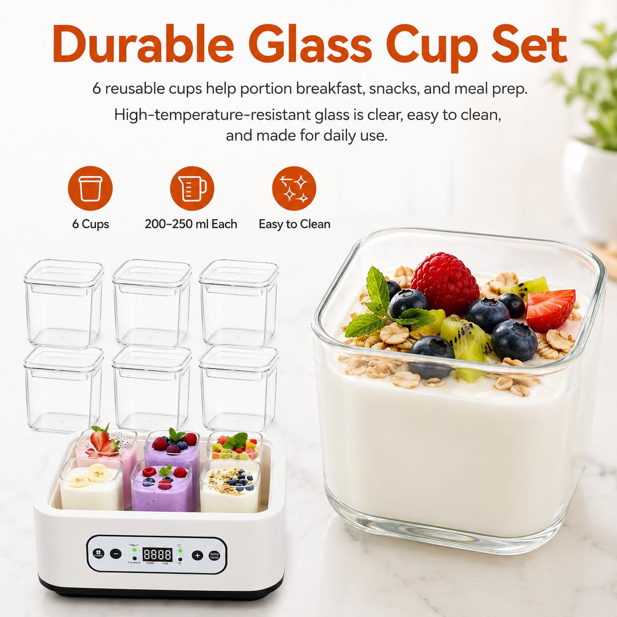 Yogurtera automática de 1000ML con 6 tarros, Control de Temperatura y Tiempo Ajustable de 36 Horas, fácil Limpieza, para Postre Griego casero