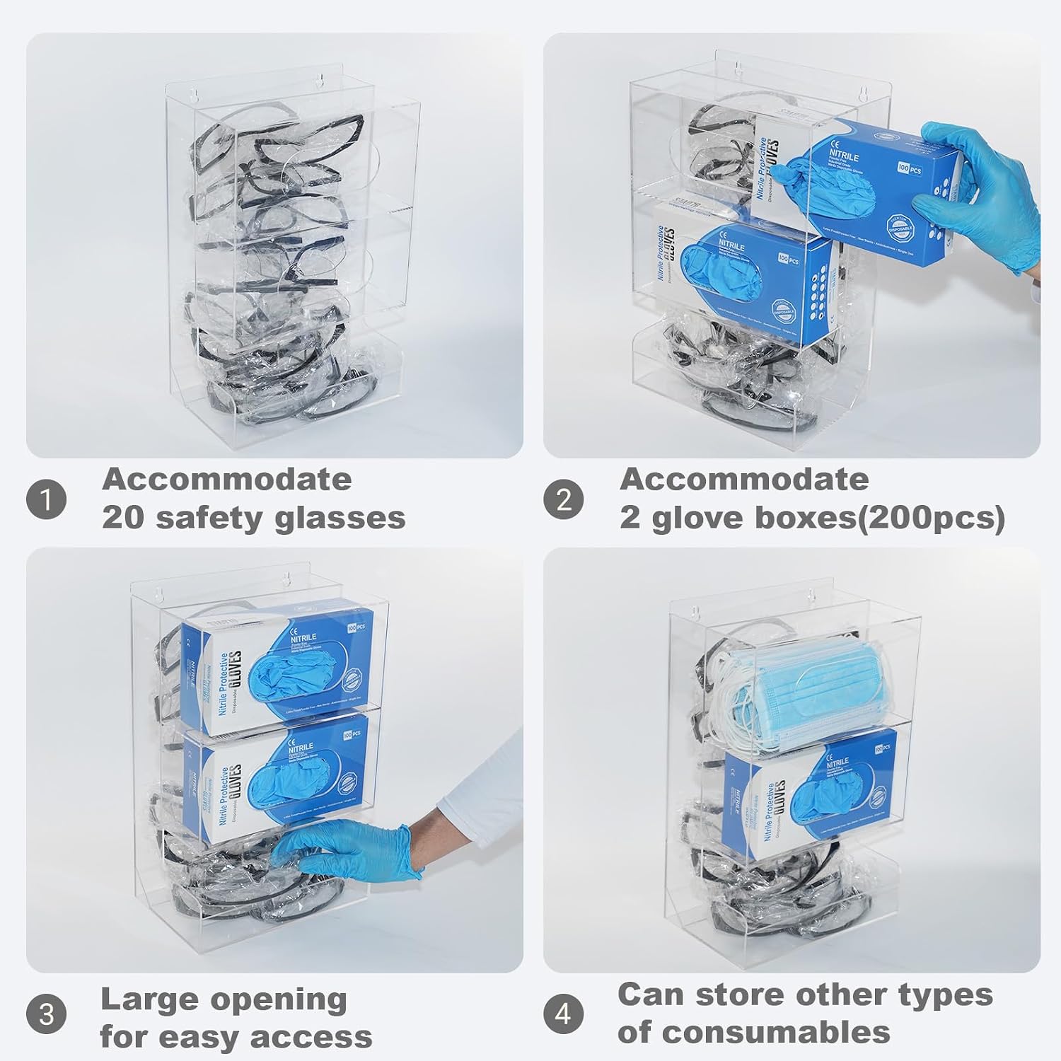 SEANADO Safety Glasses Dispenser Glove Box -2 in 1 Dustproof Acrylic Bin Holder for Protective Eyewear Goggles Used in Industrial, Factory and Lab Settings, Wall Mount or Countertop