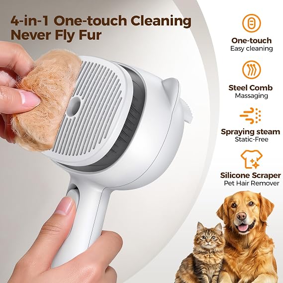 Self Cleaning Shedding Steam Cat Brush, Silicone Scraper Included | Dog Brush, primecat, Cat Brushes for Shedding, USB Rechargeable, for Grooming & Haired Pets, Dogs & Cats, White