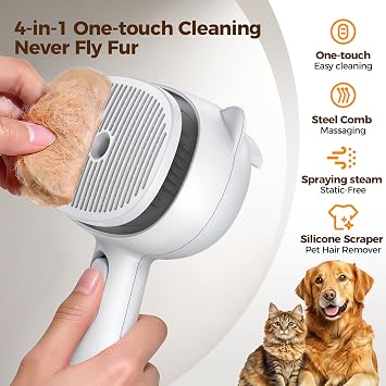Self Cleaning Shedding Steam Cat Brush, Silicone Scraper Included | Dog Brush, primecat, Cat Brushes for Shedding, USB Rechargeable, for Grooming & Haired Pets, Dogs & Cats, White