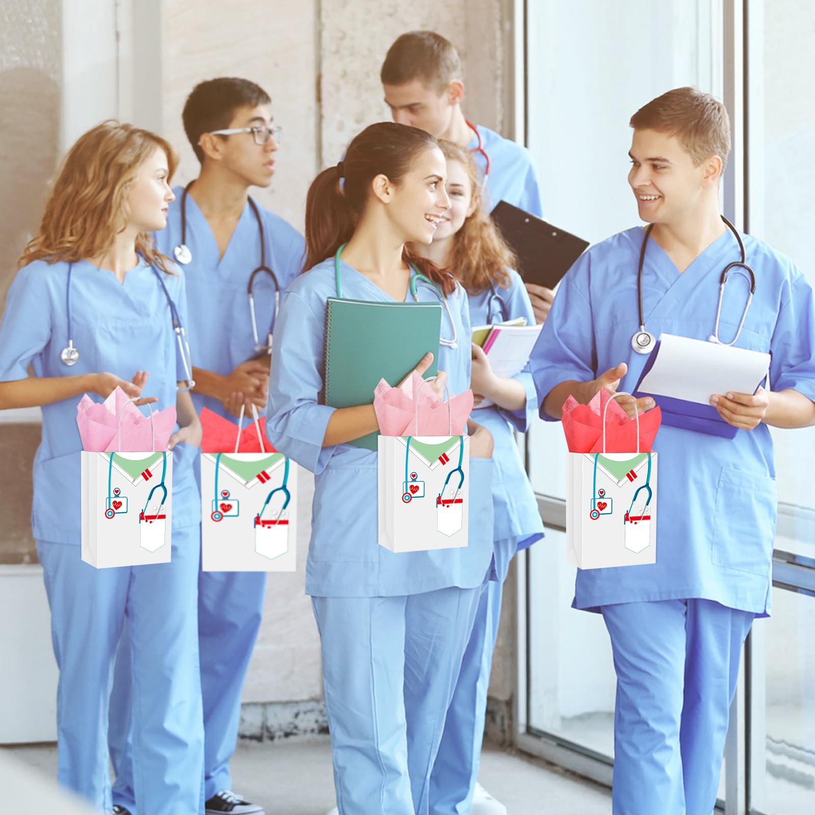 Nezyo Nurses Graduation Gifts 30 Pcs Nurse Gift Bags with 30 Wrapping Tissue Papers for Medical Graduation Appreciation Thank You Party Supplies(Classic,White)
