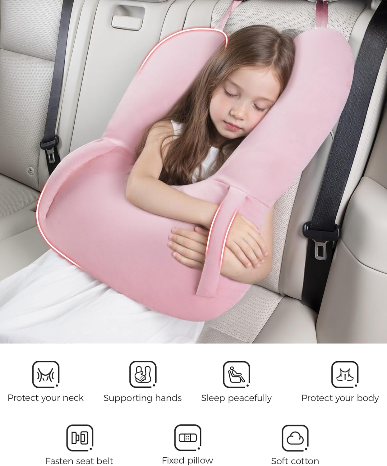 BEBAS U-Shaped Kids Travel Pillow for Car Accessories for Children Adults to Support Head and Body in The Back Seat of Long Car Trips (Pink, U-Shaped Pillow)