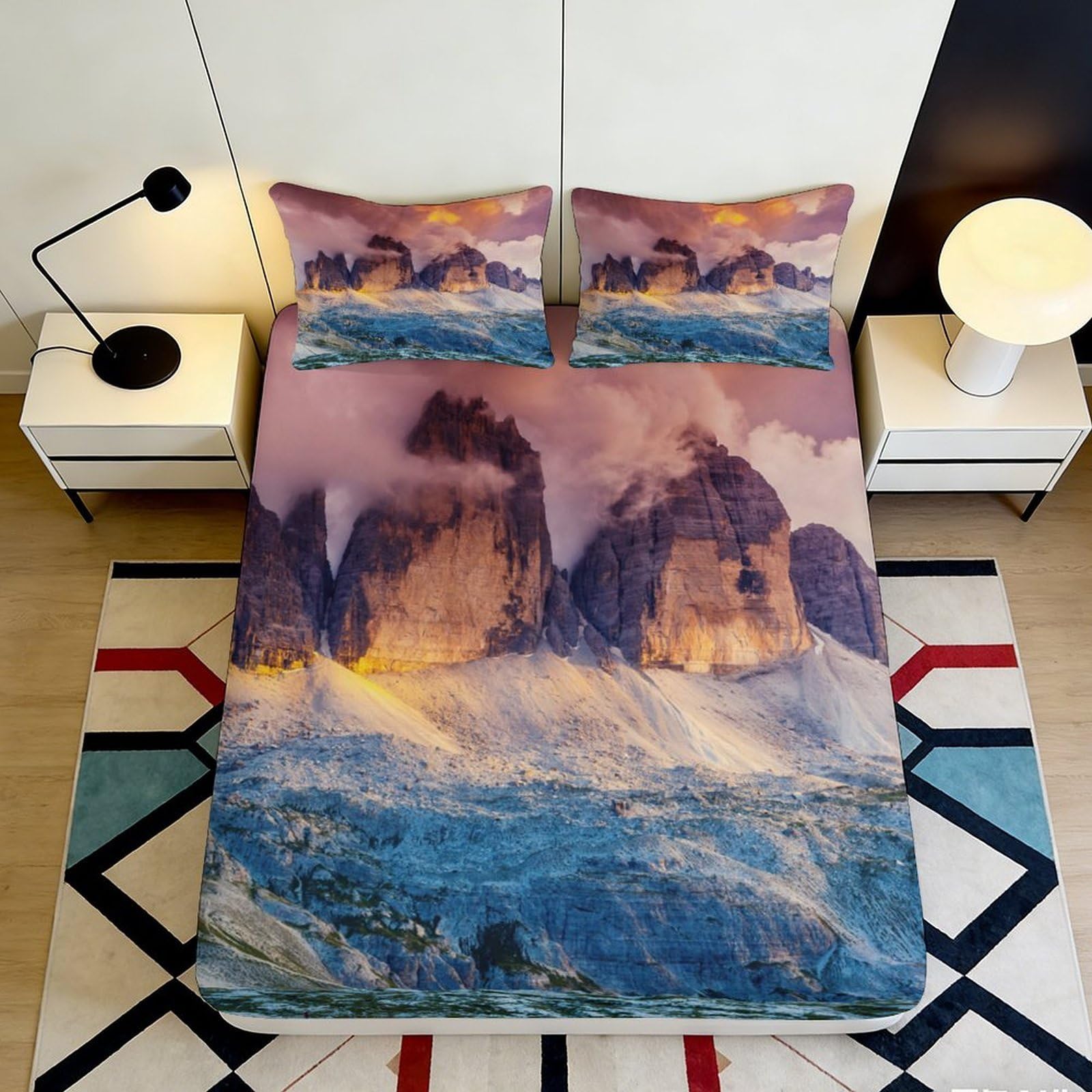 3D Printed Mountain Sunrise Fitted Sheet Microfiber Soft Anti-Slip Forest Peaks Mattress Cover for Bedroom Living Room 90x200x25cm