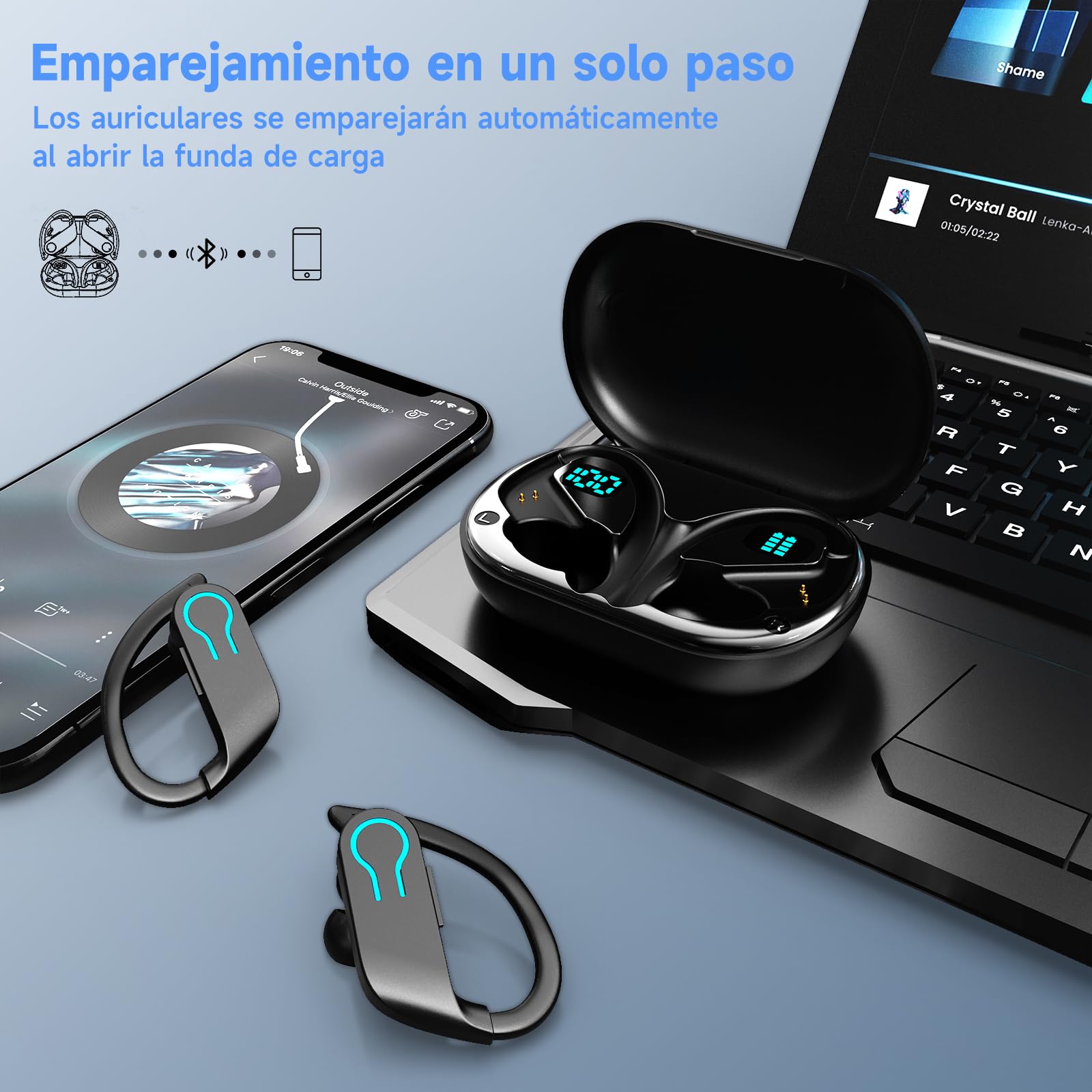 Detalle de los auriculares Paekole BY01, mostrando su diseño ergonómico y las almohadillas diseñadas para el confort deportivo.