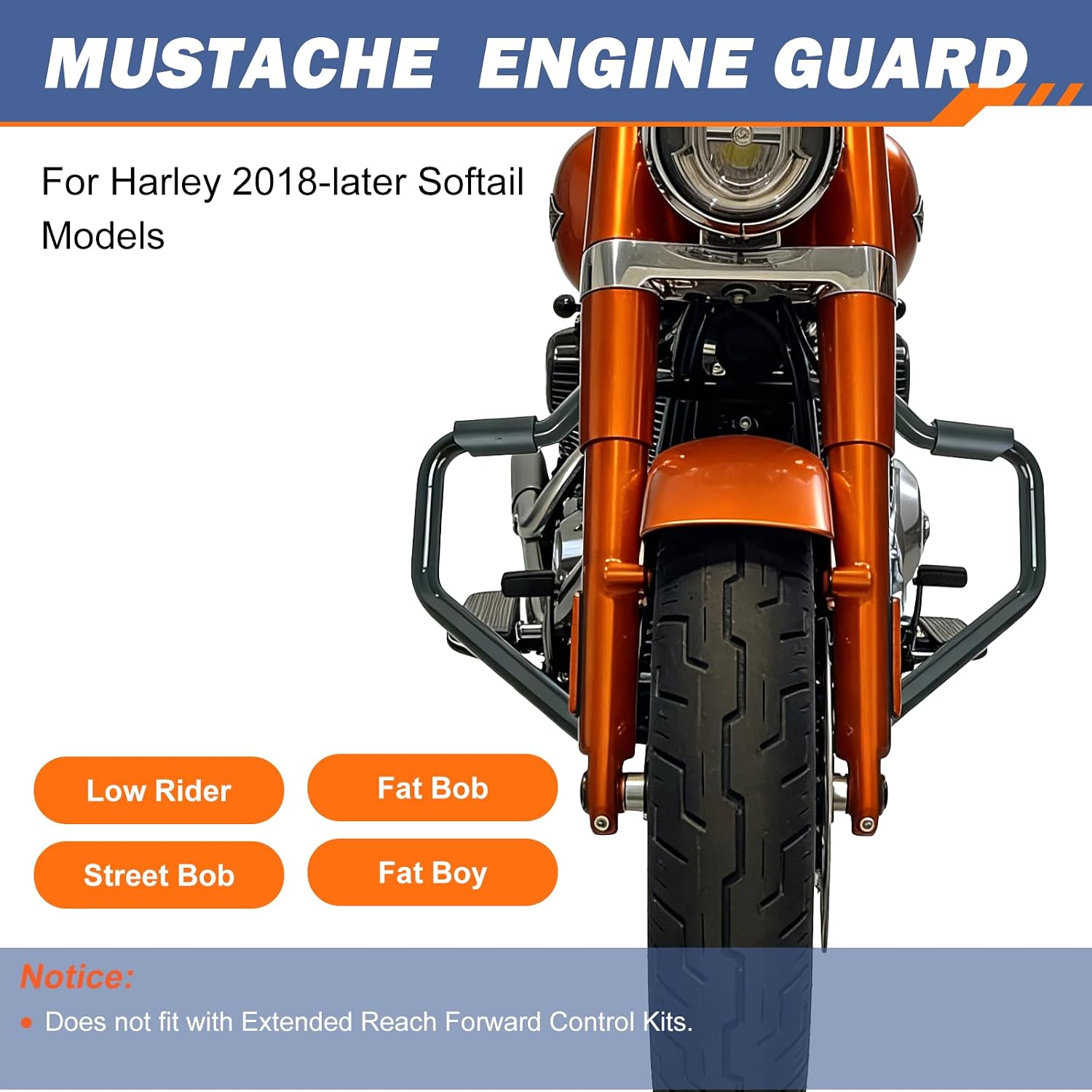Mustache Engine Guard Frame Highway Crash Bar Compatible with Harley Softail 2018-later Street Bob Low Rider Fat Bob Fat Boy Breakout Heritage Deluxe Slim FLSL FXLR FXBB FLHC FXST FXBR FXFB