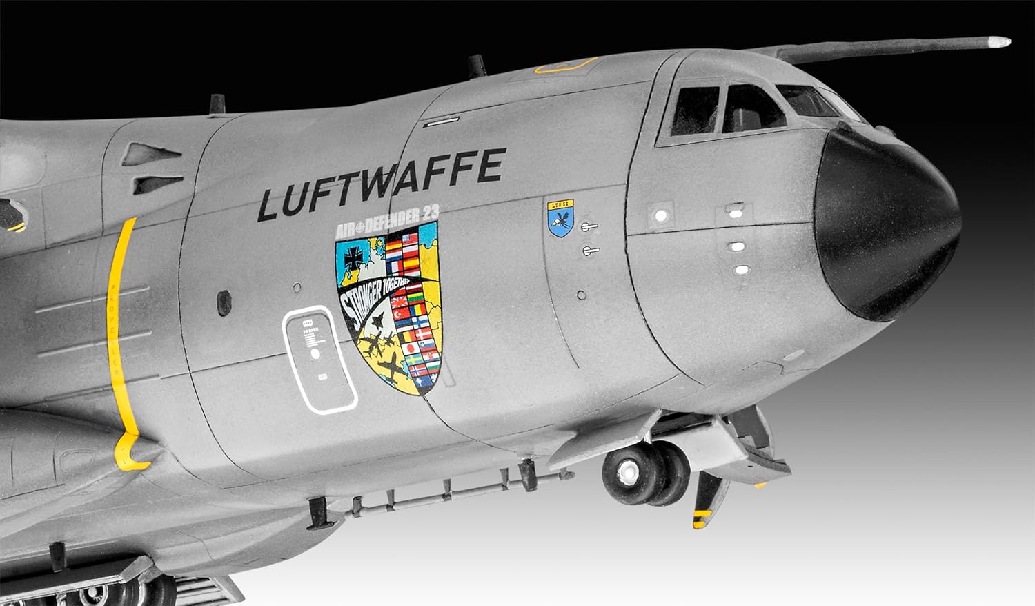 Close-up of the assembled nose section of the Airbus A400M model
