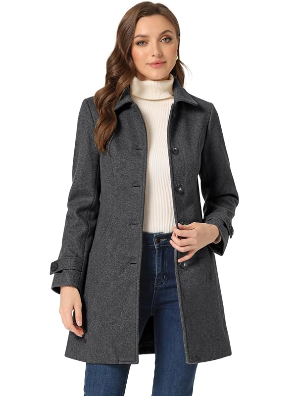 Allegra K Women's Winter Outerwear Overcoat Peter Pan Collar Mid-thigh A-line Single Breasted Pea Coat Large Dark Gray by Allegra K - Used condition - US$68.39