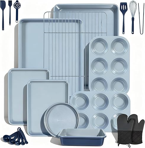 Miniatura 6 de Ammeloo 15-Piece Ribbed Ceramic Cookware Set & 22-Piece Baking Pans Set Stackable Bakeware Blue