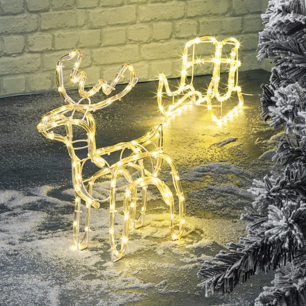 LED Rentier mit Schlitten 160 LED in warmweiß für Innen und Außen Weihnachten Dekoration Figur Beleuchtet Lichtschlauch Weihnachtsbeleuchtung Leuchtfigur Weihachts Silhouette