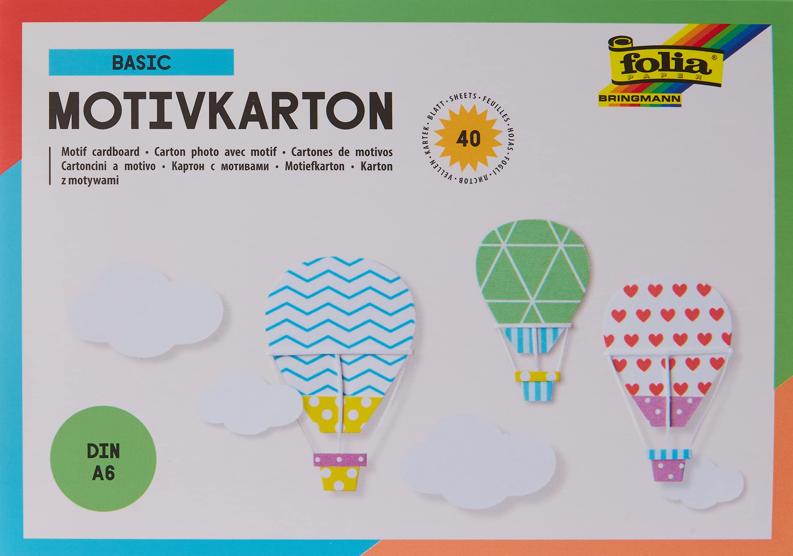 folia 6601 Basics Design Pad DIN A6, 40 Sheets Design Cardboard in 20 Assorted Designs, Handy Pad with Head Gluing, Colourful