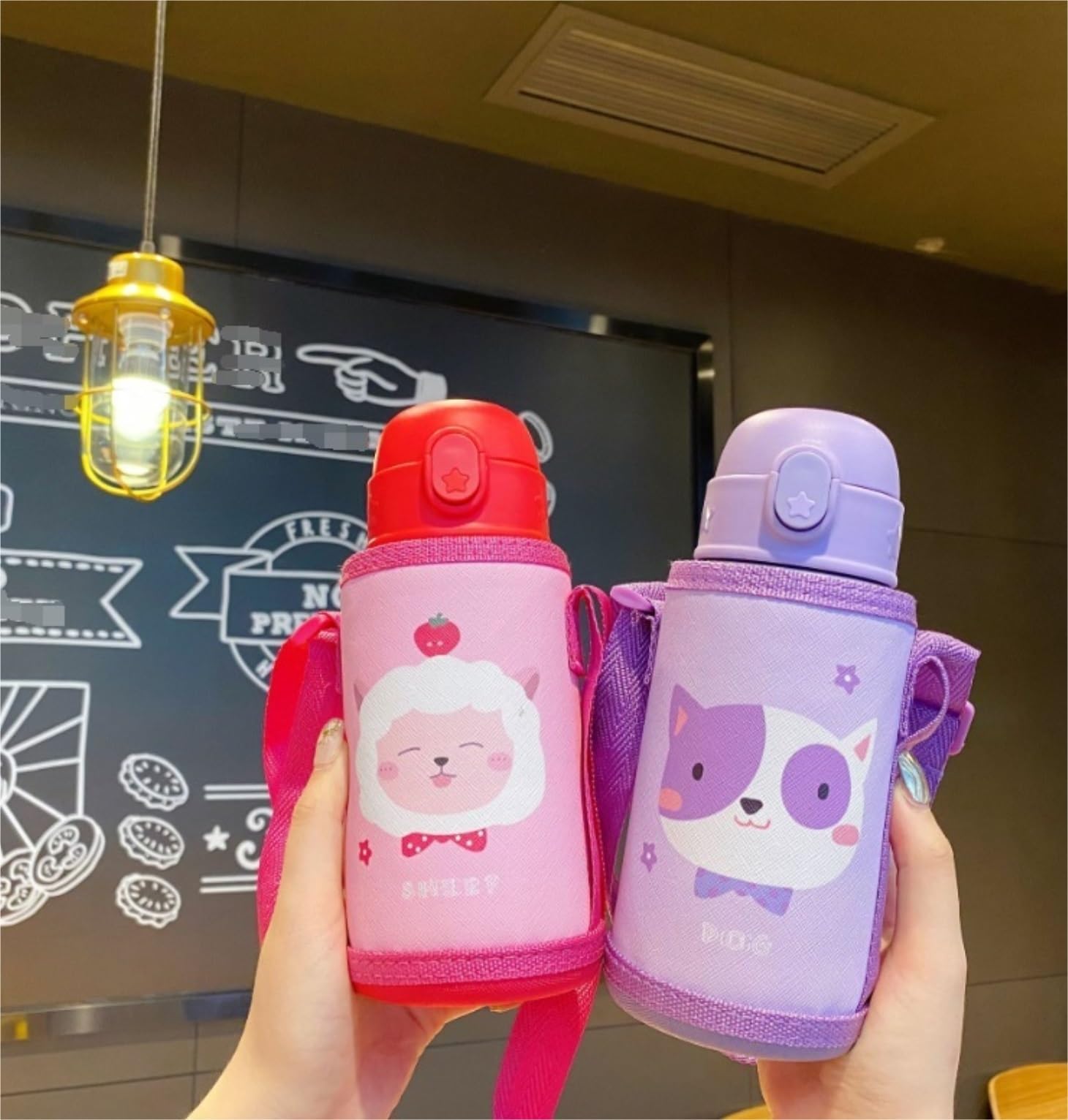 Butelka,Szczelna Outdoor Cute Animal Termos Kubek Kubek Ze Słomką Termiczna Szkoła Odkurzania Ze Stali Nierdzewnej Napoje(Purple)