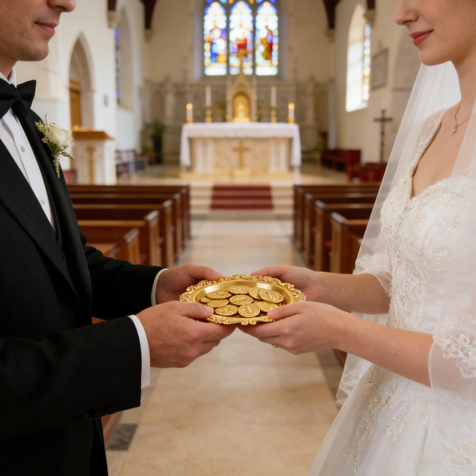 Juego de Monedas de Arras para Boda - Arras Para Boda Católica, Arras De Boda Cristiana, Caja Dorada en Forma de Corazón con 13 Monedas de la Virgen de Guadalupe, Accesorios de Boda para