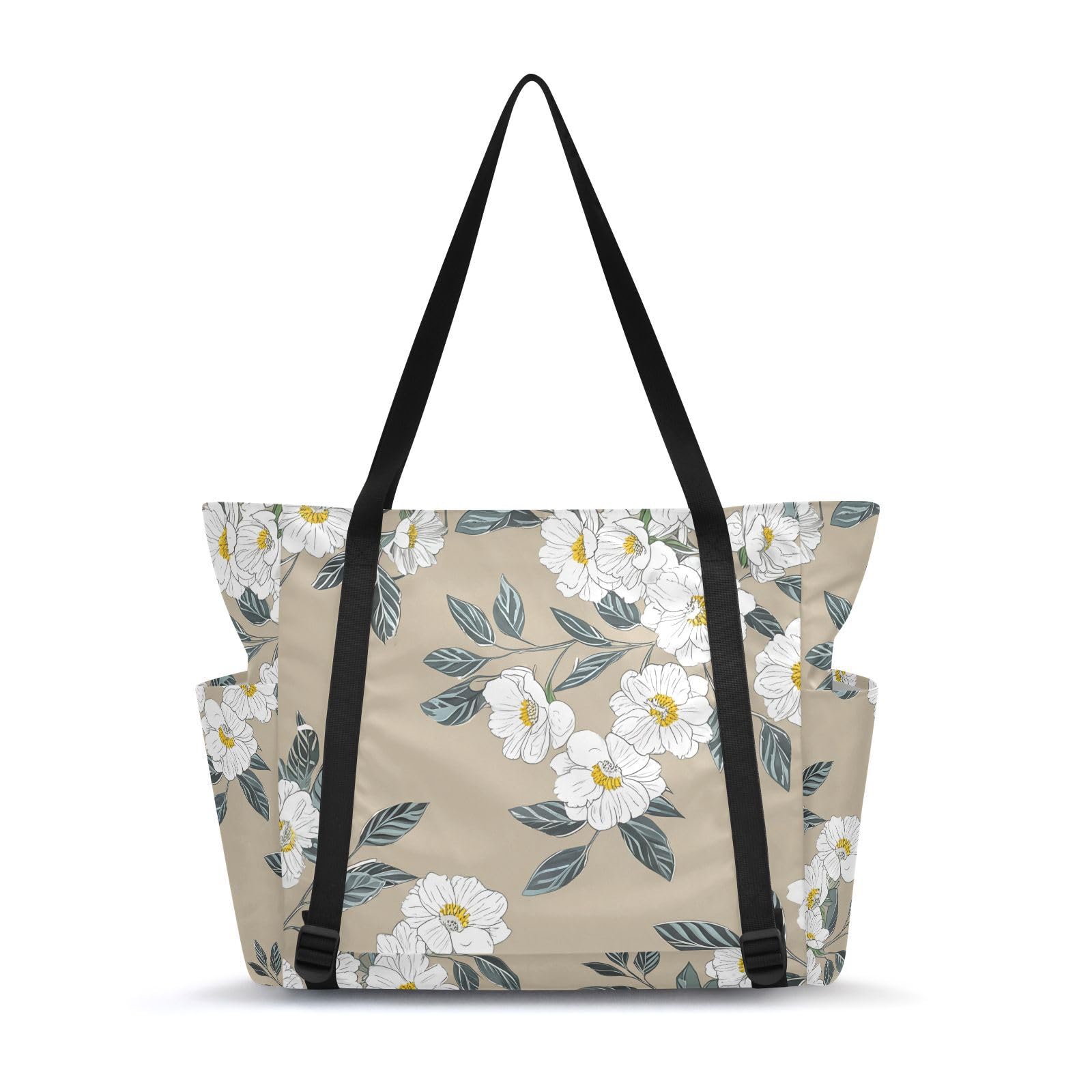 Lxqimora White Flowers Branches Brown Yoga Mat Bag for Women Water-Resistant Gym Bag with Yoga Mat Holder Tote Bag for Gym Travel Office Pilates