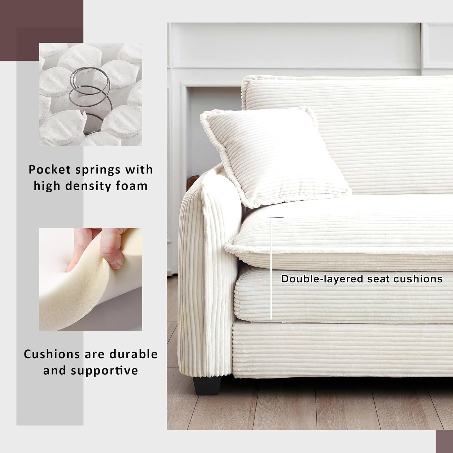 Oversized Soft Accent Chair, Corduroy Comfortable Single Deep and Wide Seat Memory Foam Sofa Lounge Chair with One Pillow for Living Room, Bedroom, Club (Beige, Chair)