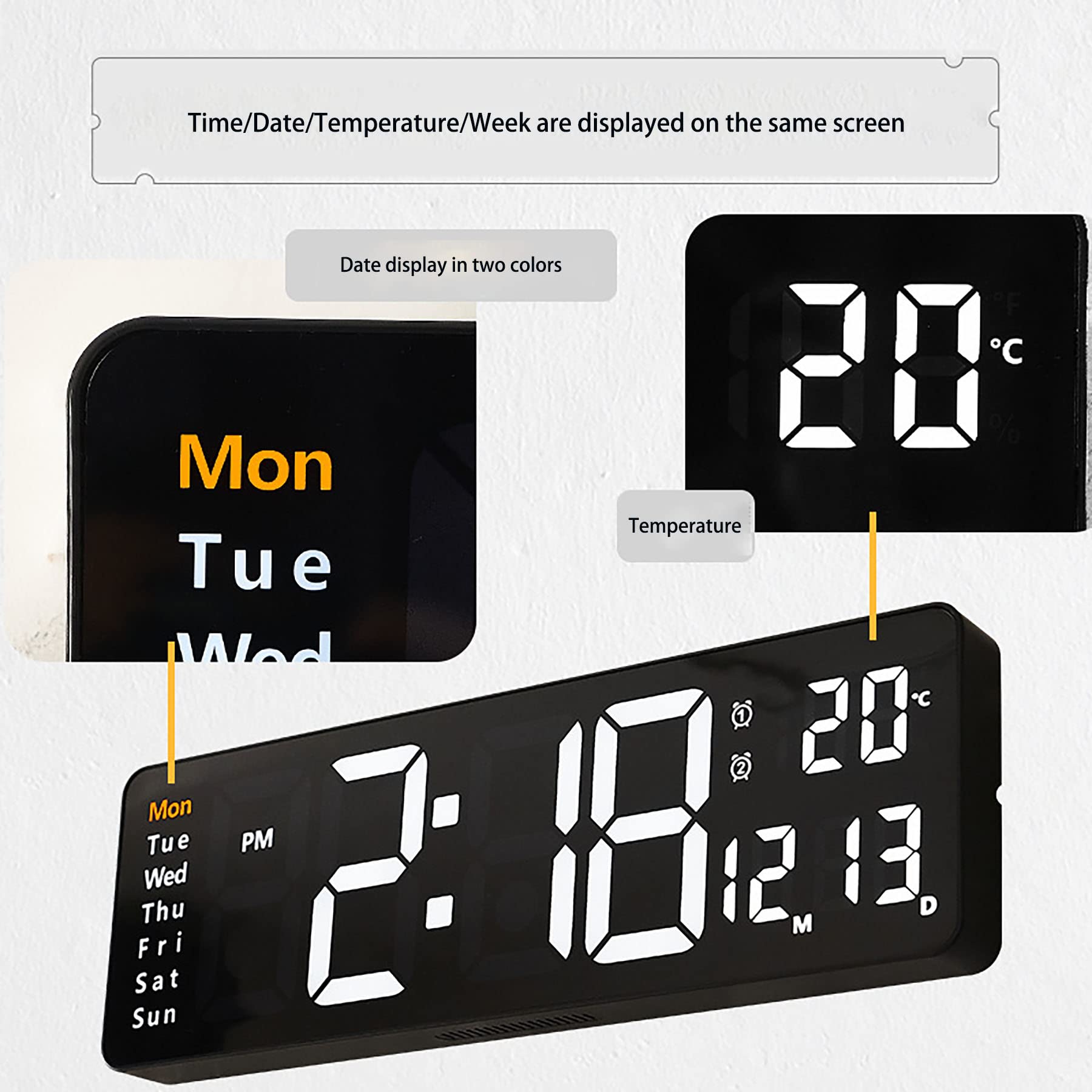 LED Reloj de Pared Digital, Reloj con Control Remoto, 10 Niveles de Ajuste de Brillo, Reloj Despertador con día/Fecha/Temperatura para el hogar Aula,White Shell,Blue Light