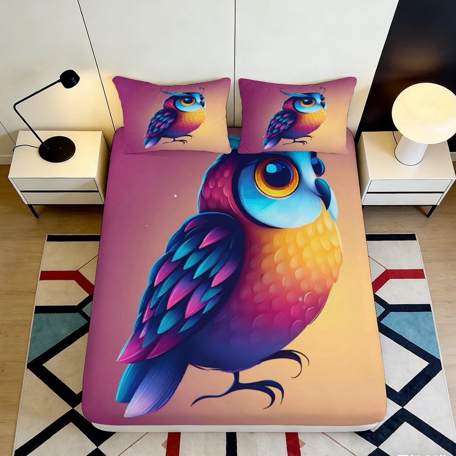 3D Printed Colorful Owl Fitted Sheet Microfiber Anti-Slip Vibrant Artistic Bird Bed Cover for Bedroom Dorm Mattress Decor 90x200x25cm