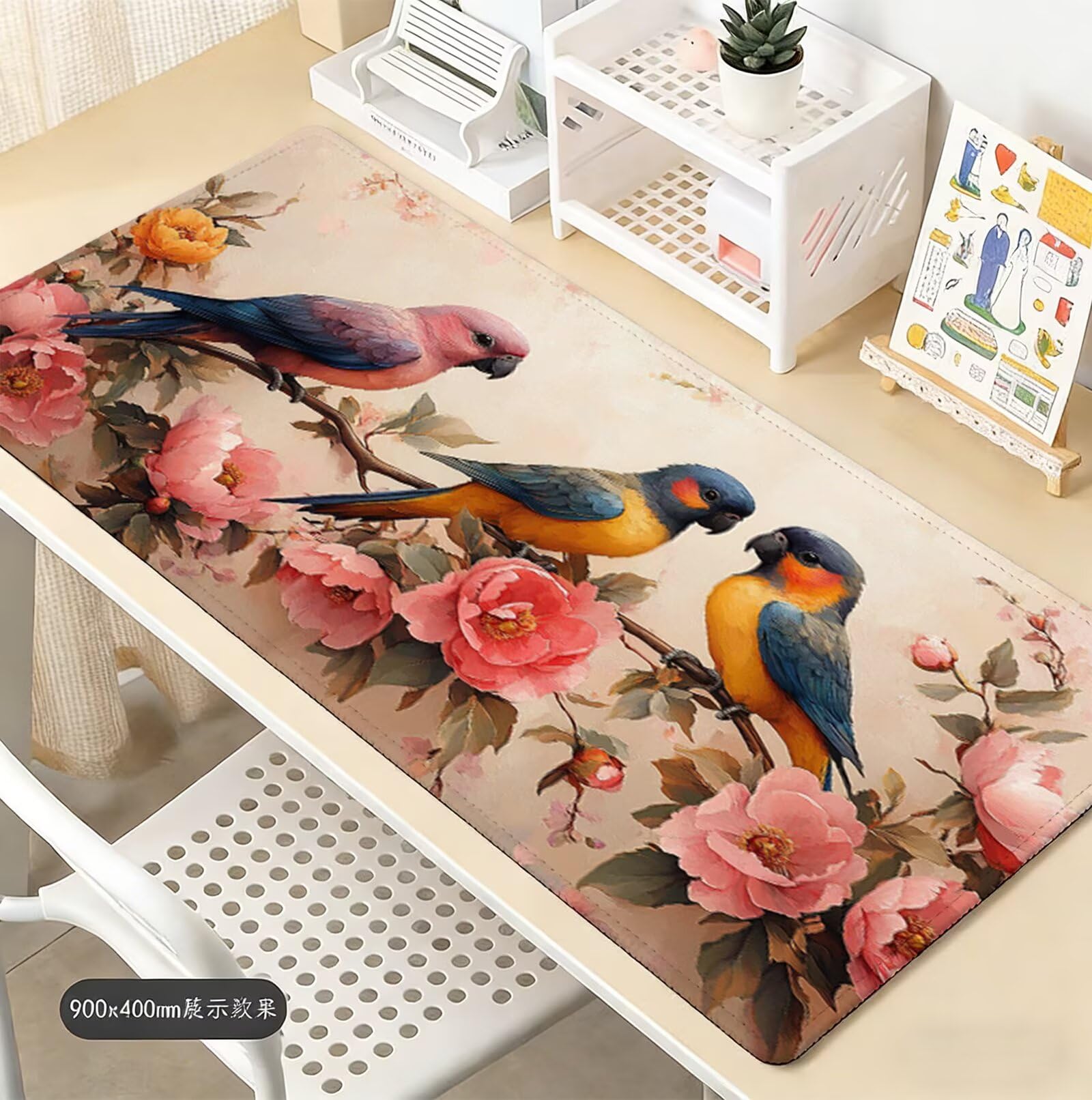 Różowa podkładka pod mysz XXL 1600 x 800 mm, duża podkładka pod mysz dla graczy, ptak, biurko, szyte krawędzie, wodoodporna, antypoślizgowa, do komputera, laptopa poprawia dokładność i szybkość H-927