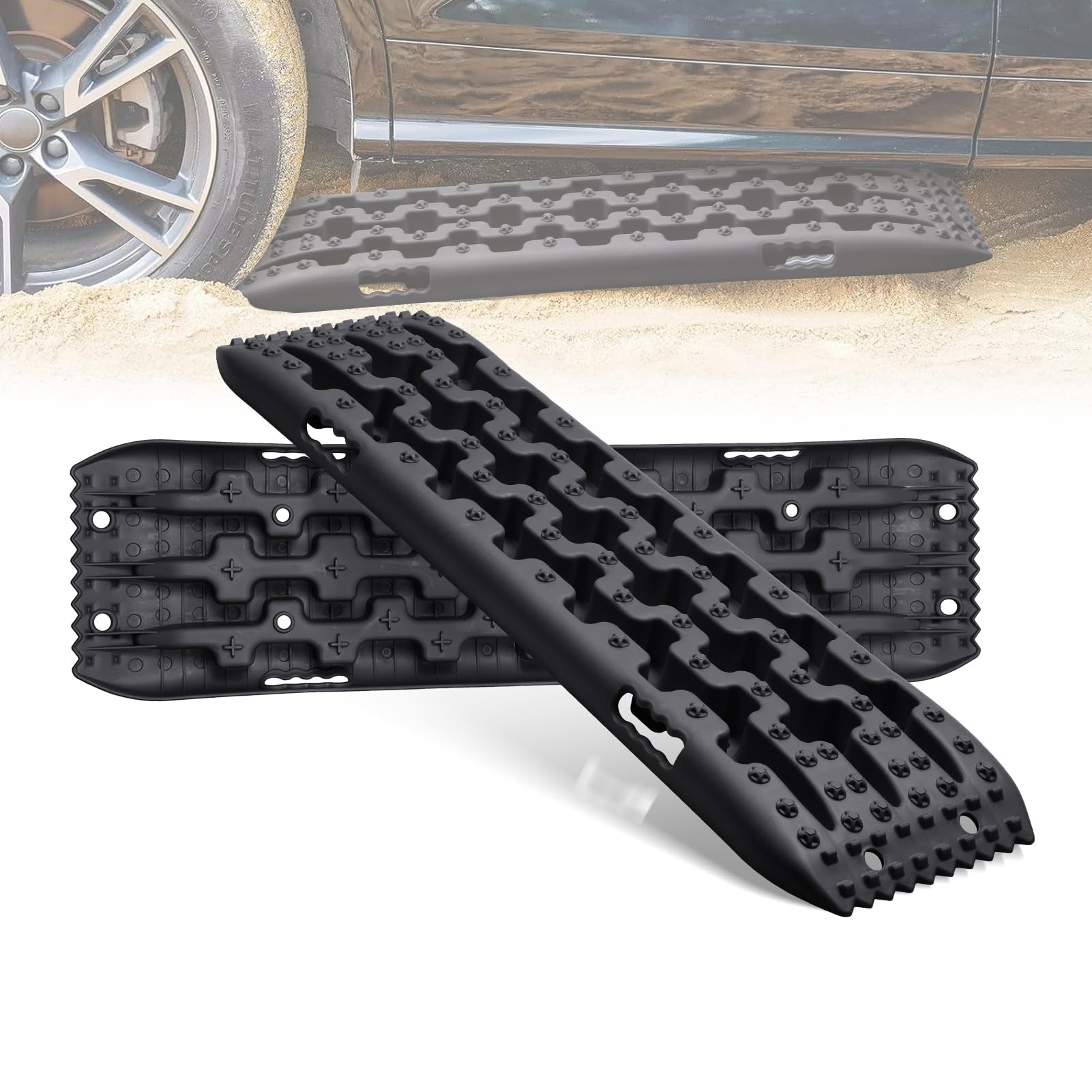 Sandbleche Offroad 2 Stück - 10-Tonnen-Nylon-Traktionsmatten Für Schnee & Schlamm | Anfahrhilfe | Tiefe Rillen & Antirutsch-Piksel | Kompatibel Mit, LKW & Geländewagen | Schwarz