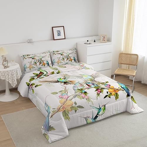 Miniatura 2 de Erosebridal Juego de edredón de pájaros, tamaño individual, juego de ropa de cama de colibrí, azul y verde, primavera, animales salvajes, botánico,